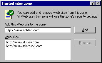 The Trusted and Restricted zone windows have areas to enter URLs