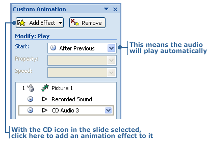 Audio effects chosen to play automatically
