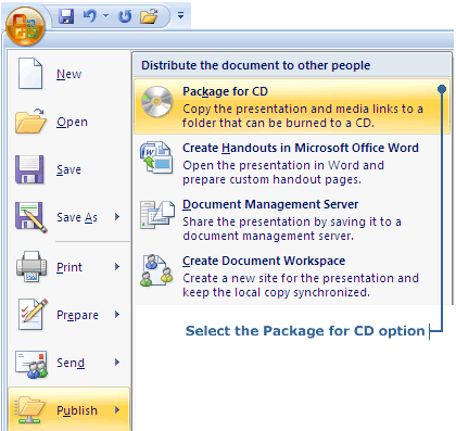Selecting Pack and Go from the File menu